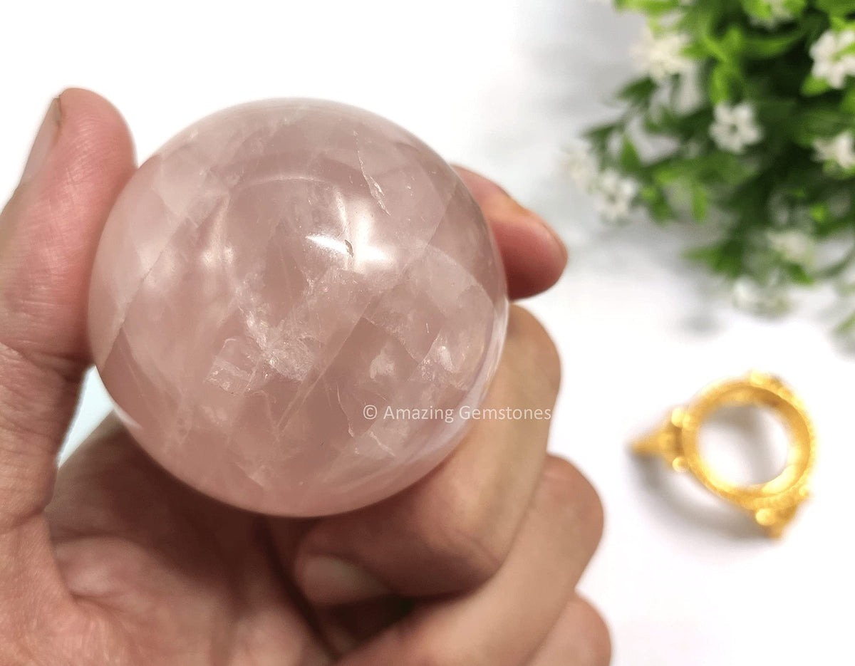 Amazing Gemstone Rose Quartz Crystal Sphere Round Ball with Sphere Holder Stand, Natural Healing Stone Sphere for Massage Meditation Crystal Grid Witchcraft Supplies Reiki Yoga