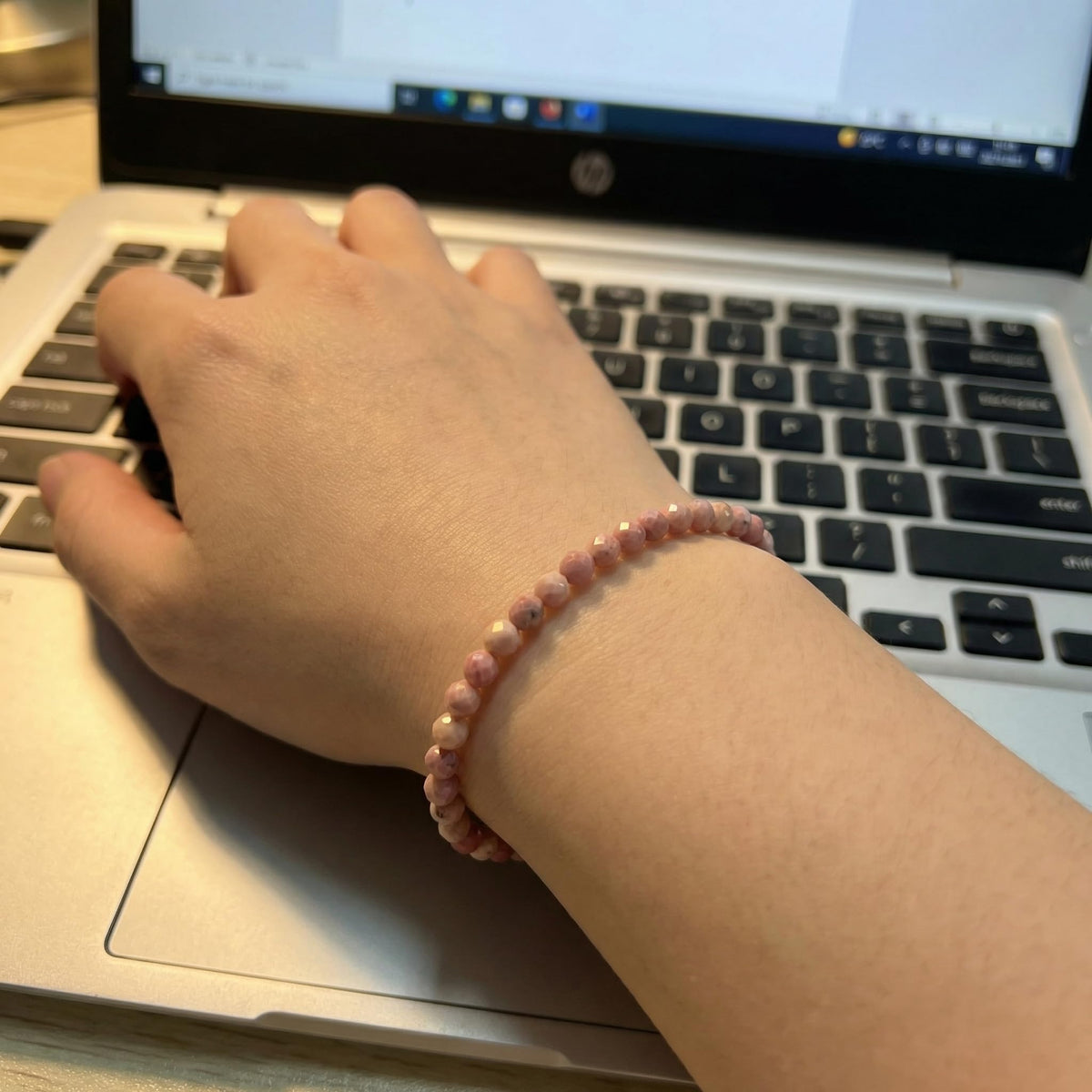 Angelstones Natural Pink Rhodonite Gemstone Small Beaded Stretch Bracelet, 4mm Faceted Round Beads, Crystal Healing Bracelet for Women