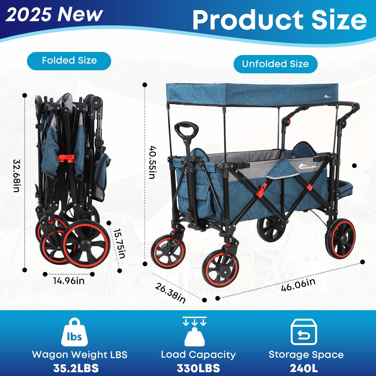 Collapsible Canopy Wagon, Foldable Wagon Stroller with 330LBS, Heavy Duty Cart with Shock-Absorbing Wheels, Adjustable Push Pulling Handles for Camping, Garden, Sports, Shopping, Blue