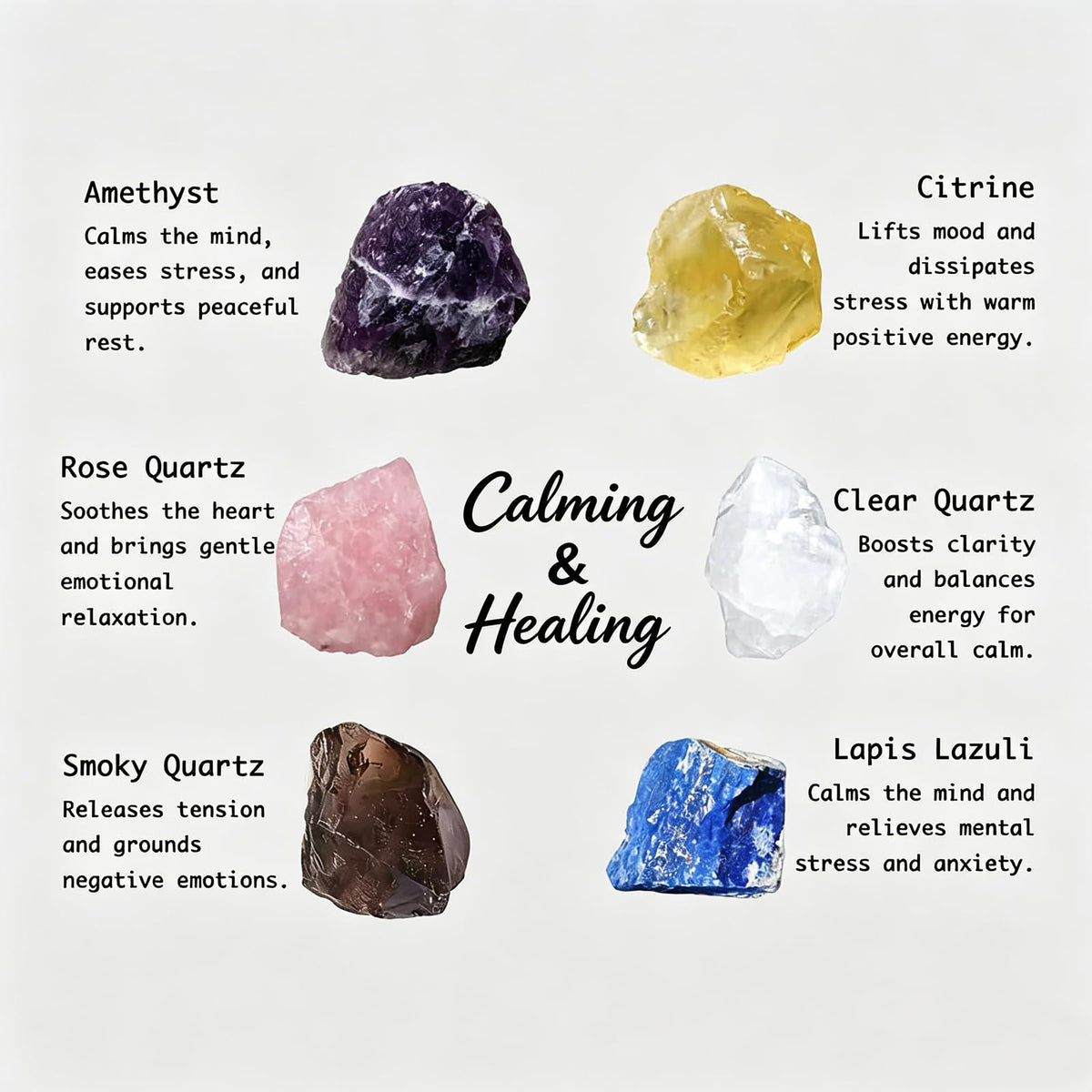 Calming & Healing Crystal Set, Natural Raw Crystals 1.2-2″Amethyst, Smoky Quartz et. Stress Relief Stones for Anxiety, Mood Lifting & Relaxation