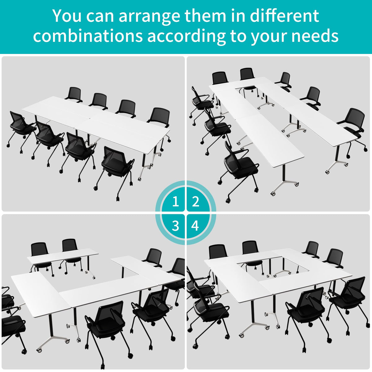 ZanyCajole Conference Room Table, Folding Conference Table with Silent Wheels, Modular Flip Top Mobile Training Tables for Office, Training Room, Meeting Rooms, School, 2-16 Person (4, White, 55.1in)