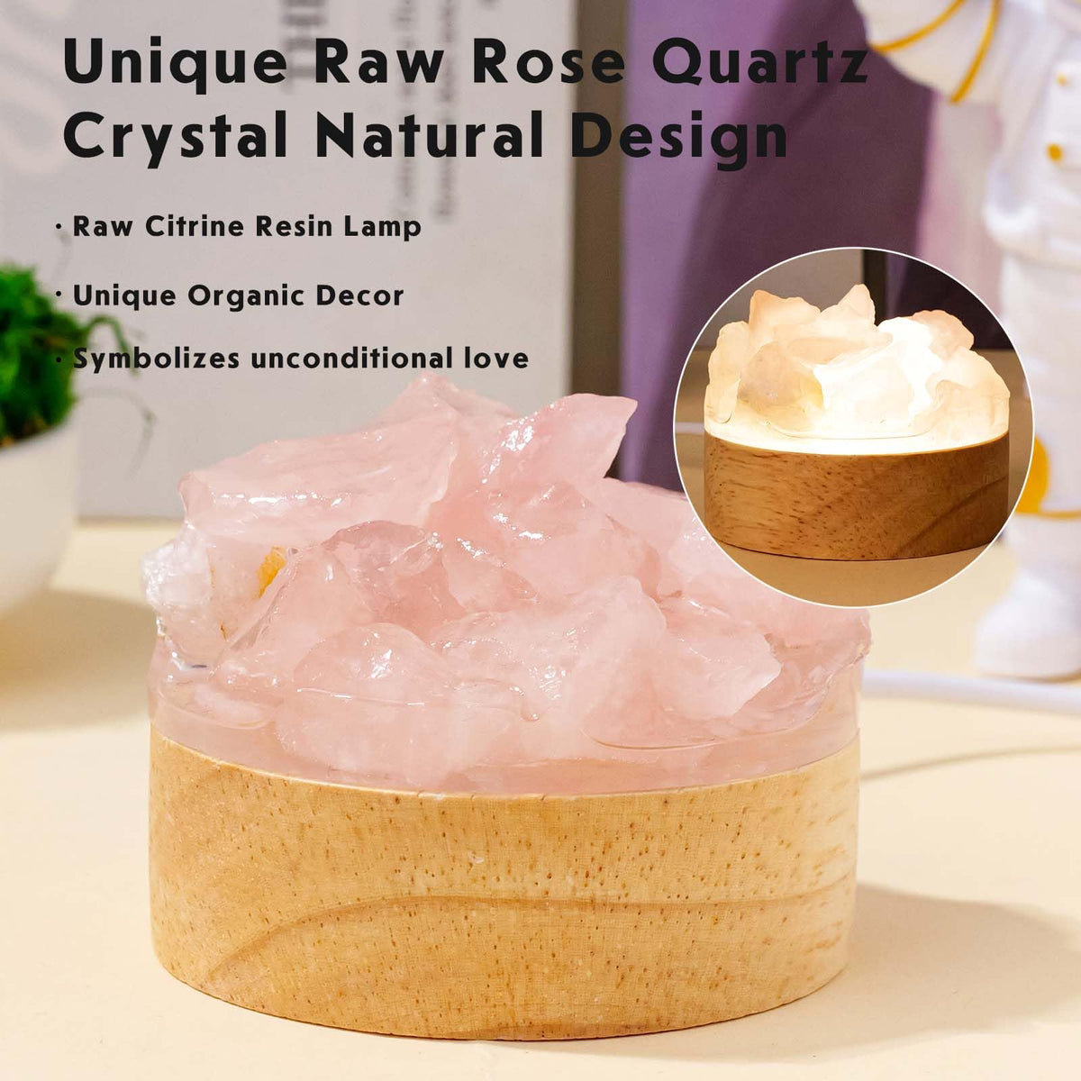 Runyangshi Rose Quartz Night Light with Natural Raw Crystal - USB Pink Glow Mini Lamp for Bedroom, Self-Love, Meditation, Healing Crystal Decor with Wood Base, Gift for Her
