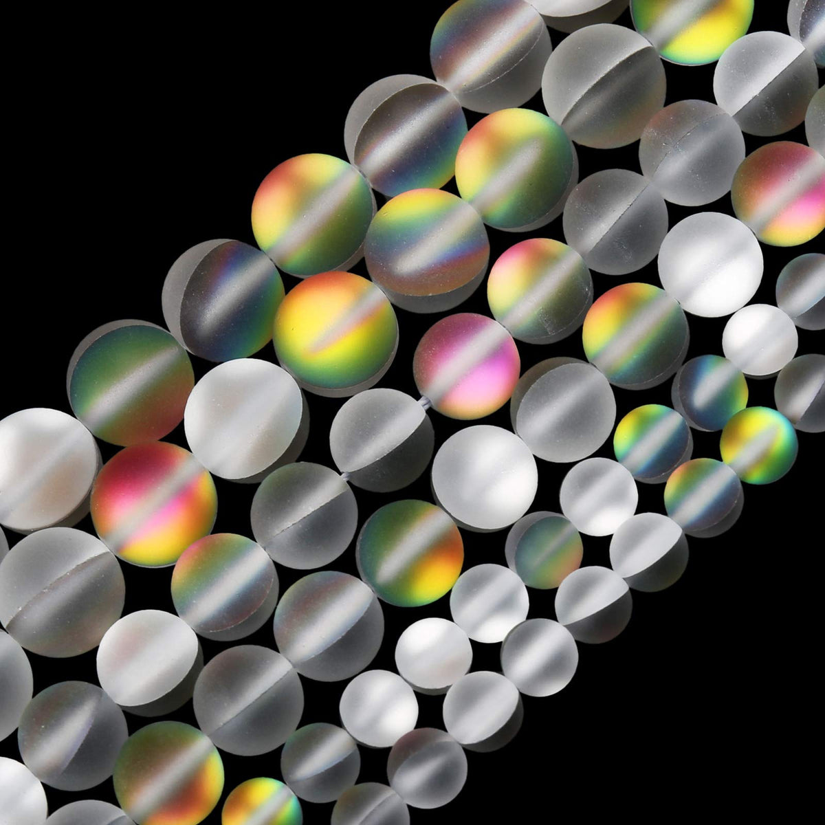 Matte Vitrail Medium Aurora Crystal Glass Beads, 8MM Frosted Glitter Shining Mermaid Round Loose Beads, Rainbow Holographic Synthetic Moonstone for Jewelry Making DIY Bracelet