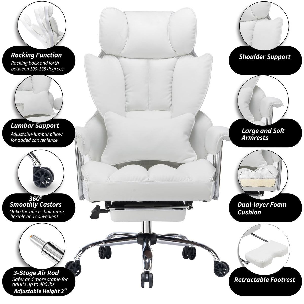 Efomao Big and Tall Office Chair 400lbs – High Back Executive Chair with Swivel Base, PU Leather Upholstery, Lumbar Pillow, Padded Armrests, and Rolling Wheels，White Computer Chair