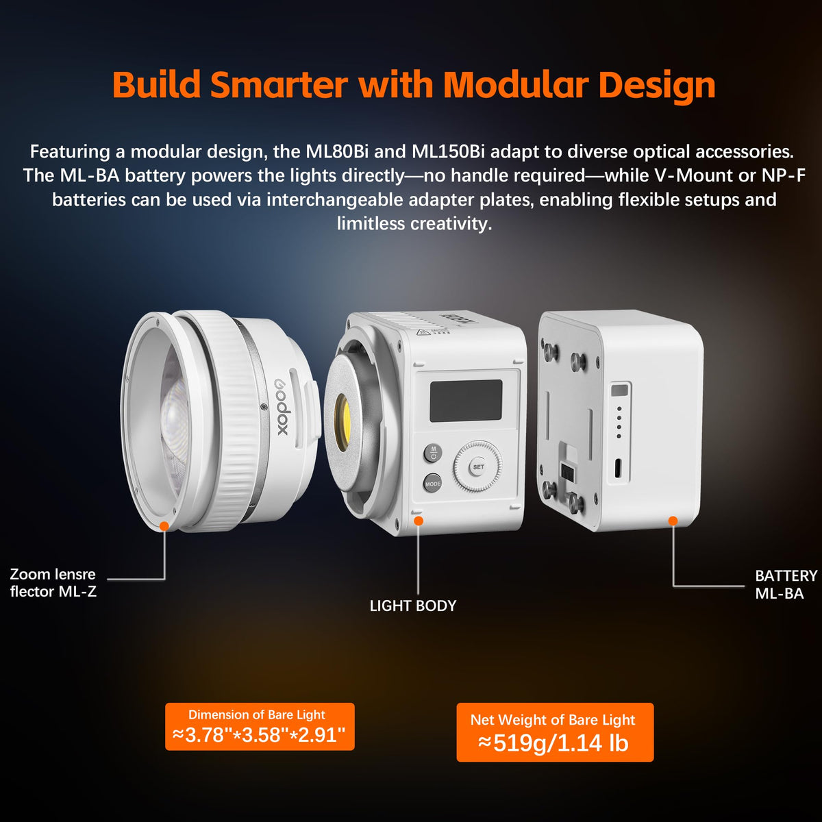GODOX ML80BI LED Video Light with Battery,BI-Color 2800K-6500K,Portable Handheld Mini Led Photo Monolight,CRI 96+ TLCI 97+,29600Lux@1m,Support NFC&APP, for Photographers,Filmmakers,Studios