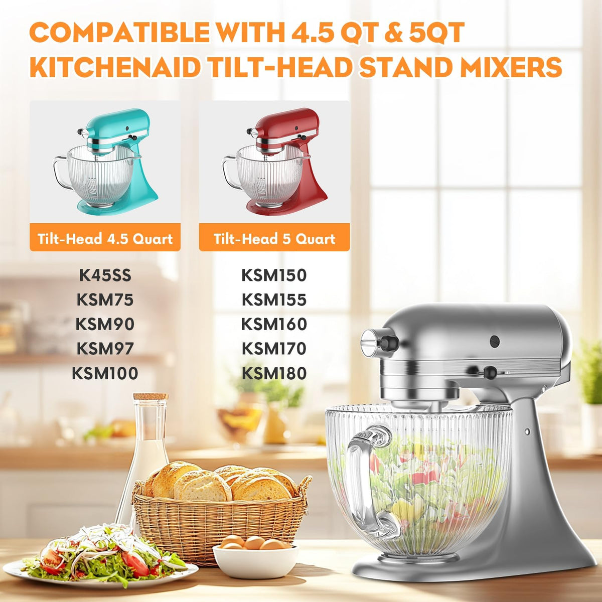 Cofun Glass Mixer Bowl for Kitchenaid Tilt-Head Stand Mixers 4.5-5 Quart, 5 qt Mixing Bowl Replacement for Kitchen aid with Measurement Markings,Handle