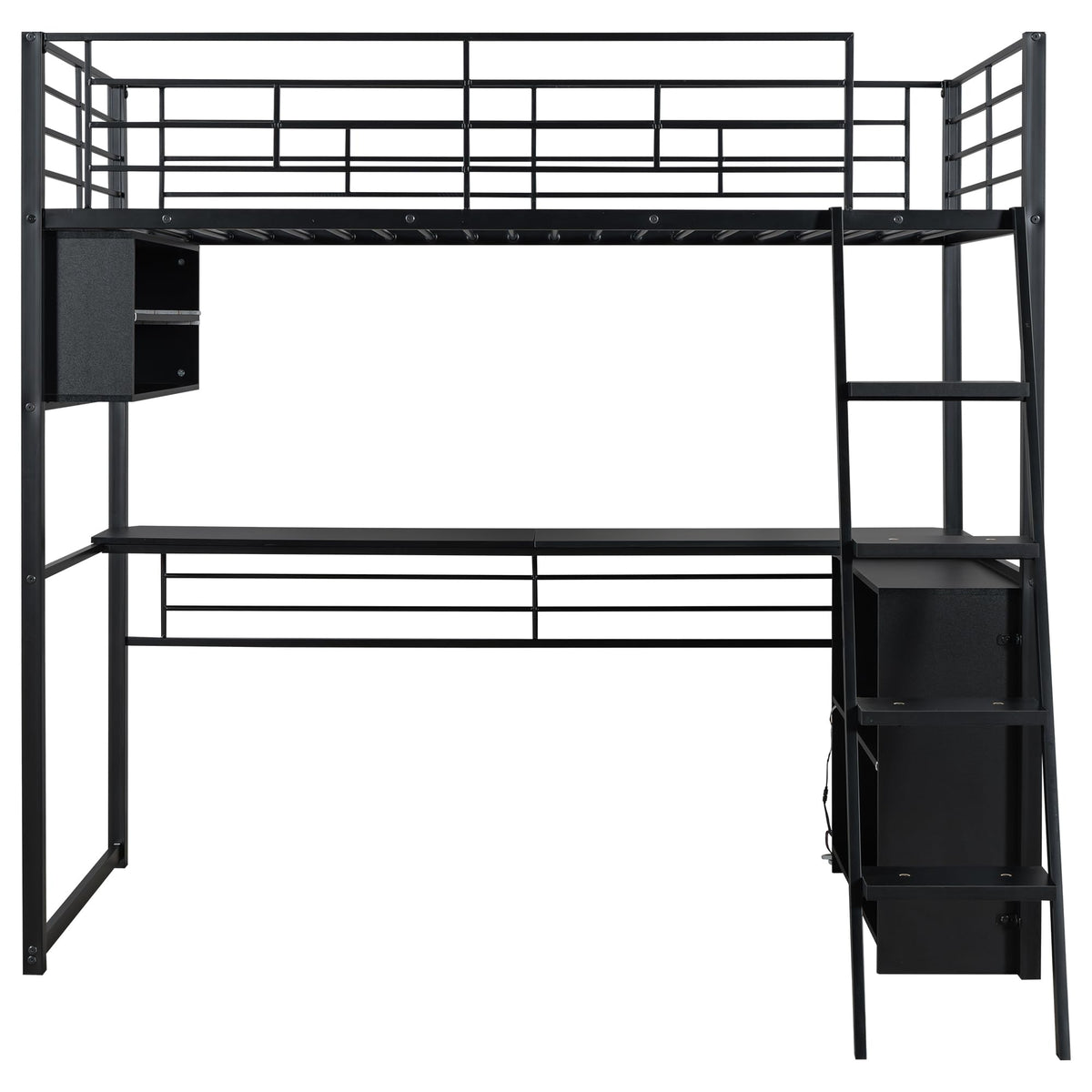 Metal Twin Size Loft Bed with Desk and LED Light,Heavy Duty Loft Bed Frame with Storage Shelves and Inclined Ladder for Kids,Adults,Twin Size,Black