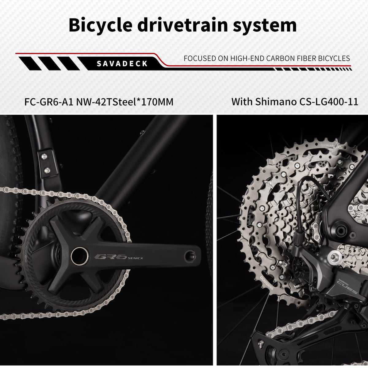 SAVADECK Carbon Gravel Bike - T800 Carbon Frame & Fork | Shimano U6000 11-Speed Groupset | Hydraulic Disc Brakes | 700CX40mm All-Terrain Tires | Men & Women Road/Off-Road Bicycle (Black, 53cm)