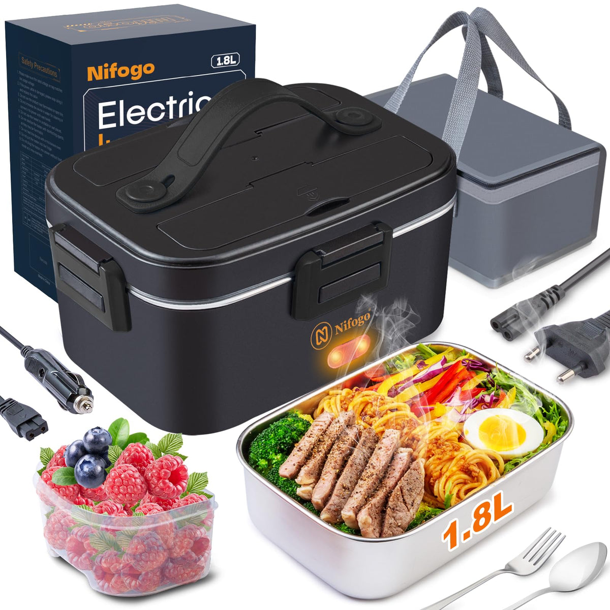 Nifogo Electric Lunch Box for Adults 80W Portable Heated Lunch Box for Men 3 in 1 Portable Food Warmer 110V/12V/24V with 1,8L Removable Stainless Steel Container & Bag(Black)
