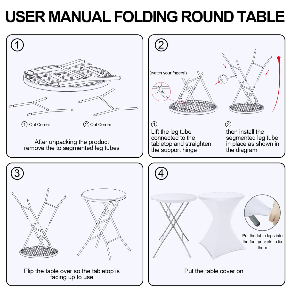 HTVSHEE 2 Set 32" Cocktail Tables Round Folding High Top Tables with Removable Legs & 2 White Stretch Table Cover Hightop Table for Bar Indoor Parties Patio Wedding
