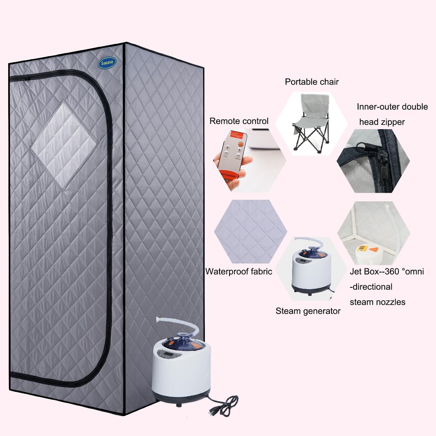 Gecheer Full-Size Portable Grey Steam Sauna Tent for Home Use – Includes Steam Generator, Remote Control, Foldable Chair, Timer, PVC Frame & 360° Steam Nozzles