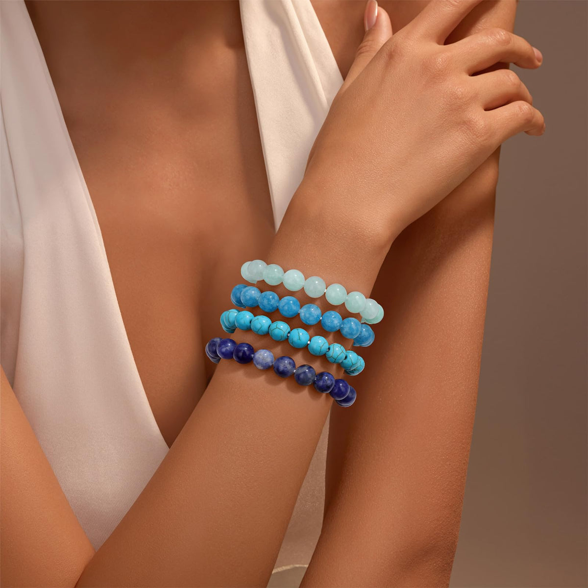 Vinswet Healing Crystal Bracelets for Women Men 8mm Aquamarine Natural Stone Beaded Stretch Bracelet Handmade Gemstone Reiki Spiritual Jewelry Gifts