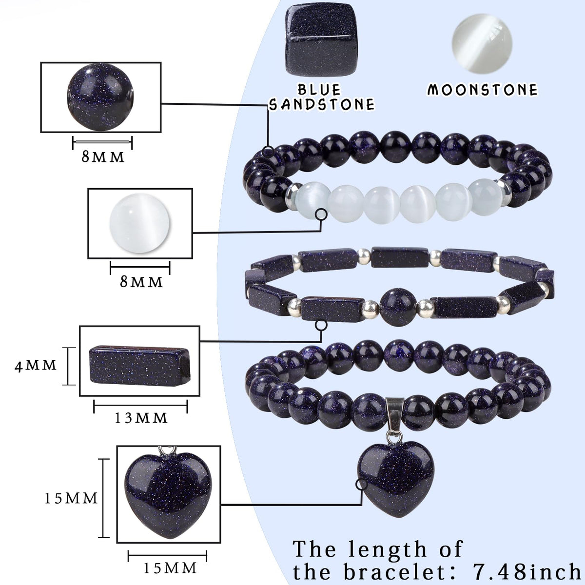 Vinswet Healing Crystal Beaded Bracelets for Women,Natural Blue Sandstone Moonstone Gemstones Bracelet,Anxiety Stress Relief Heart Charm Bracelet Handmade Blue Jewelry Gifts for Women (3pcs)