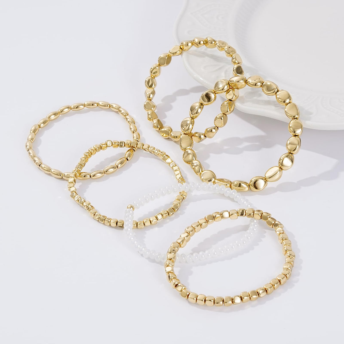 Sajidos Gold Plated Beaded Bracelets for Women Trendy, 14K Gold Plated Stack Cross Pearl Bead Stretch Bracelets Set Elastic Hypoallergenic Bracelets Jewelry Gifts (style9)