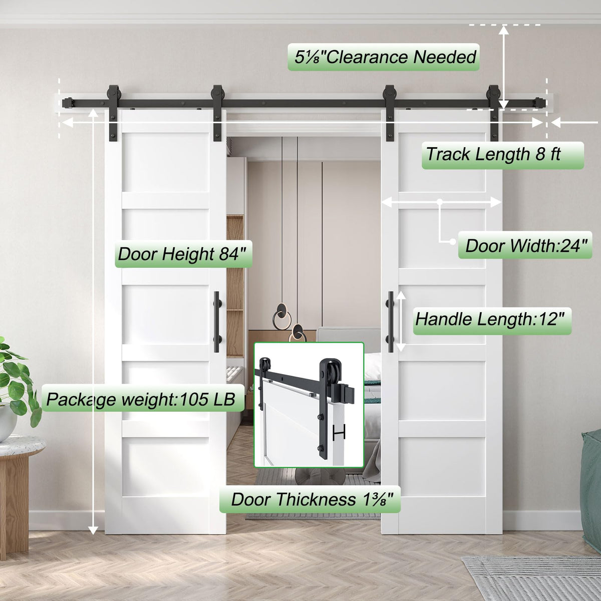 Fredbeck Double 24x84 inch White Barn Door with 8FT Barn Door Hardware Kit Included,with MDF and Wood,DIY Assembly,5-Panel,48inch barn Door,Fit 45in-47in Opening