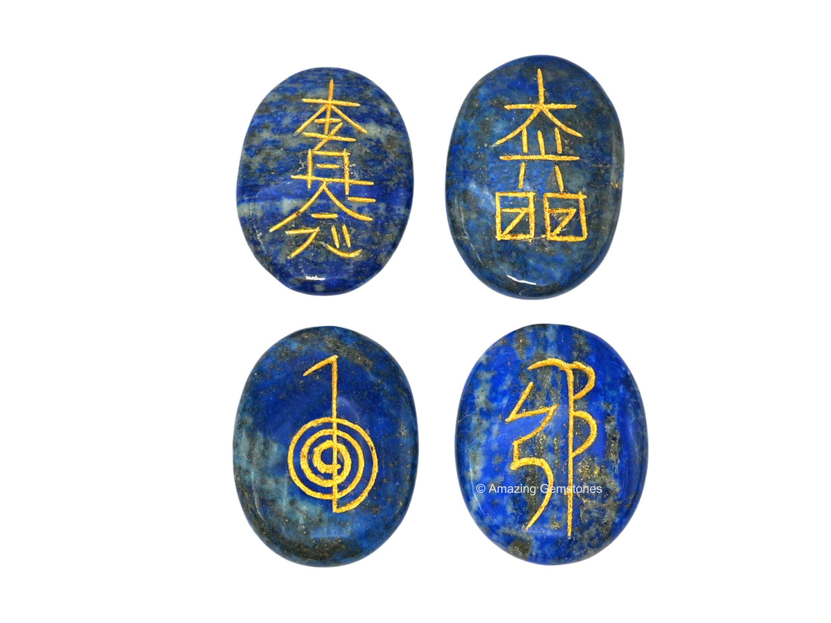 Amazing Gemstone Lapis Lazuli Crystal Reiki Stones with Engraved Symbols for Usui Reiki Healing, Set of 4 Pcs (Indian Handmade Reiki Gift Set)