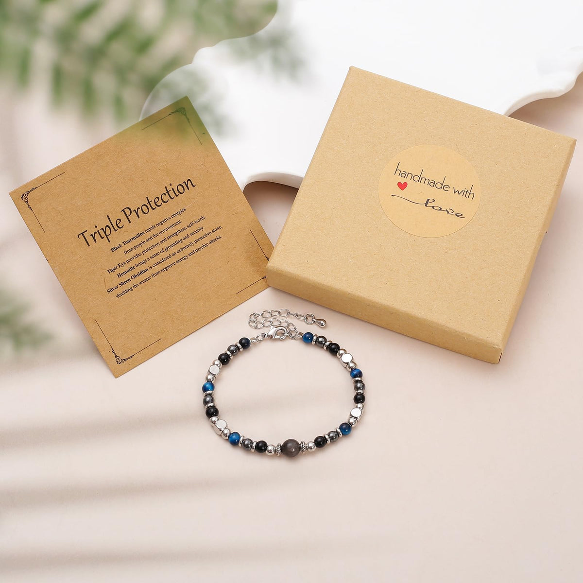 MTJAHPS Protection Bracelet, empath protection, black obsidian Crystals and Healing Stones Bracelet for Women ，Luck ，Anxiety and Stress Clam Bracelet (A-Triple Protection)