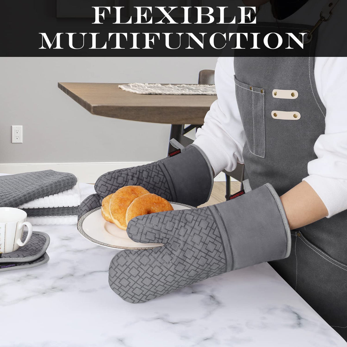 Oven Mitts and Pot Holders Sets 6pcs, Kitchen Oven Glove,High Heat Resistant 550 Degree Extra Long Oven Mitts and Potholders with Non-Slip Silicone Surface for Home Essentials (Grey) (Gray)