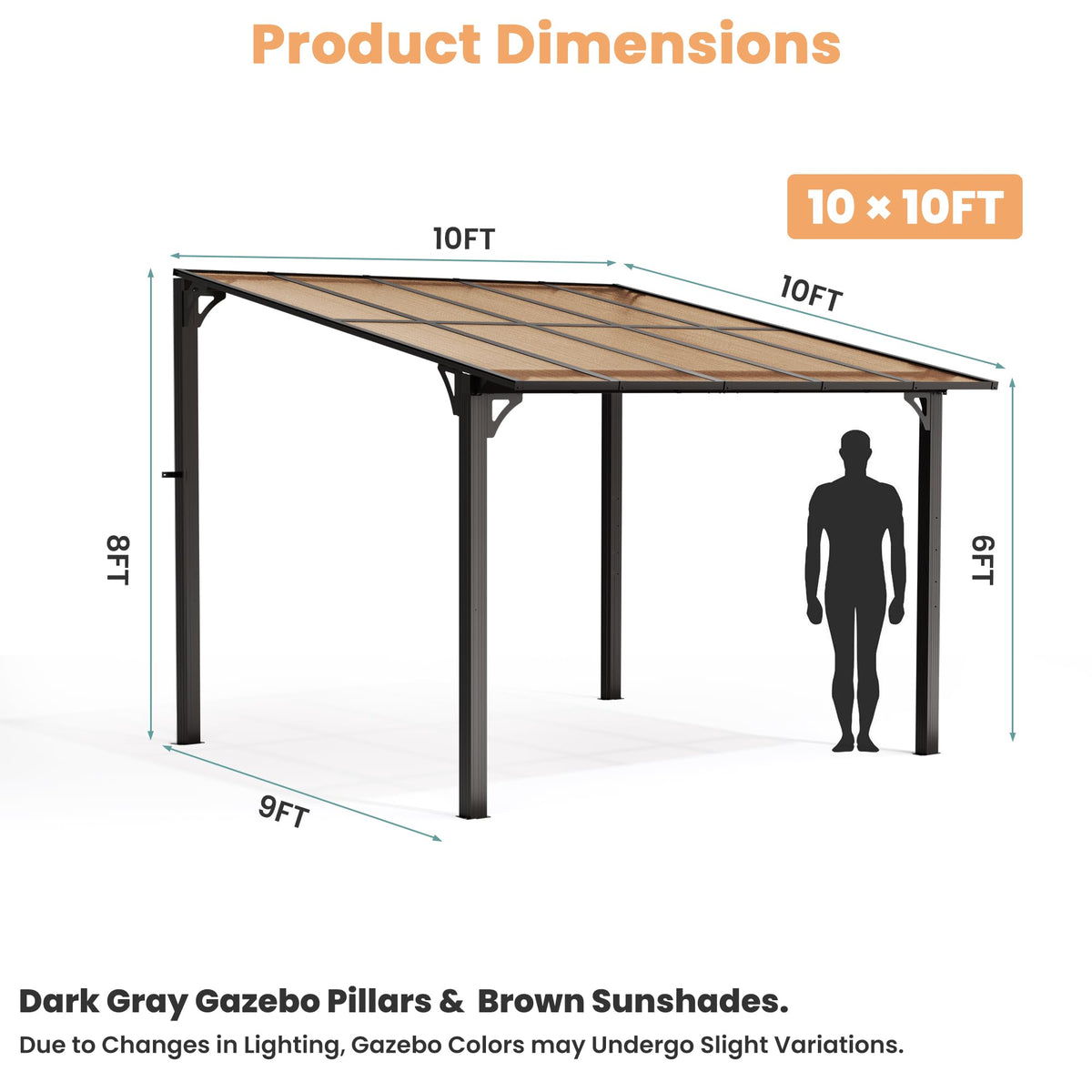Pamapic 10x10FT Wall Mounted Gazebo, Hardtop Lean to Gazebo with Aluminum Frame & UV Resistant Polycarbonate Roof, Outdoor Patio Awning for Deck, Porch, Lawn & Backyard