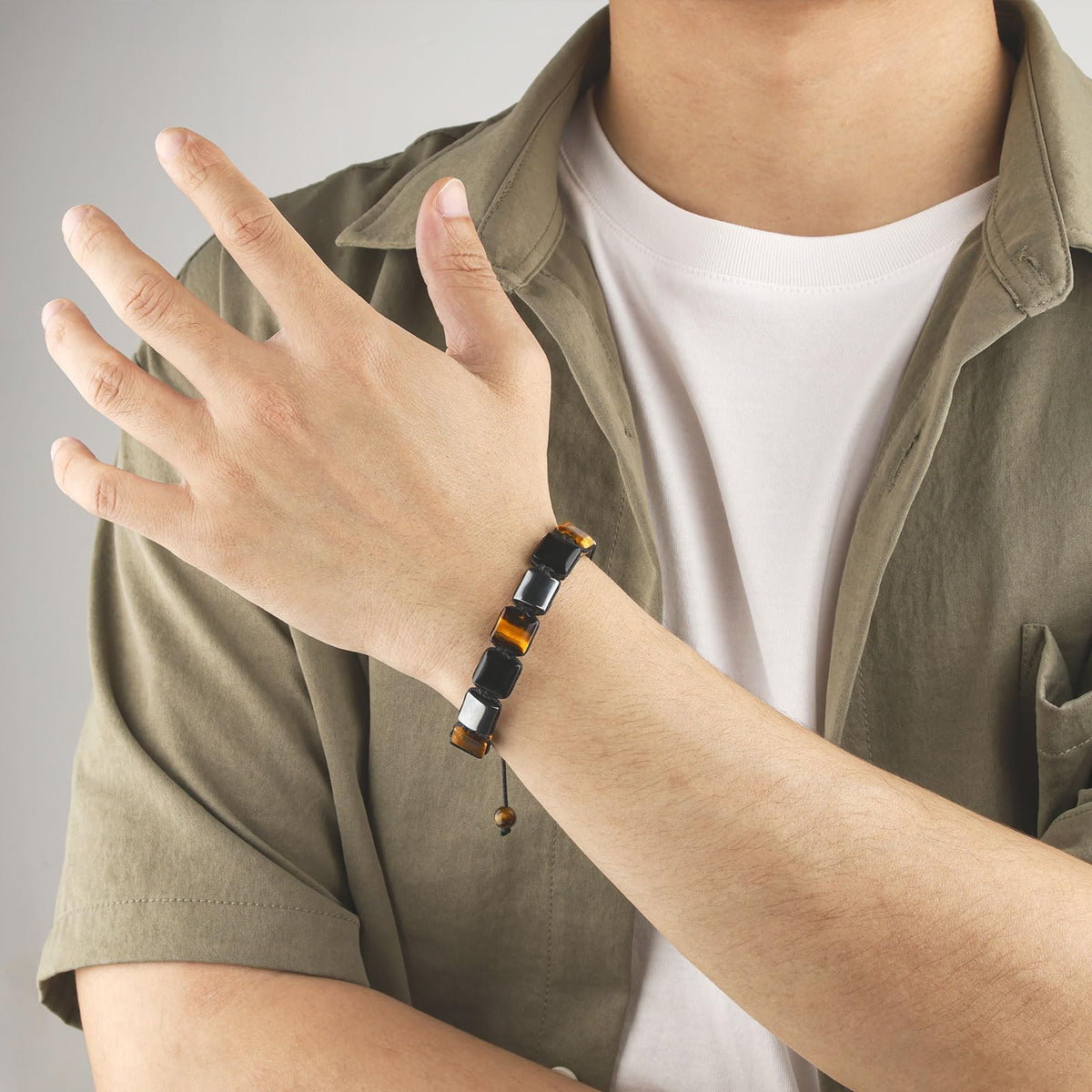 BOPOW Triple Protection Unisex Adjustable Bracelet - Handmade with Authentic Tiger Eye, Obsidian & Hematite - Square Healing Crystal Bead Bracelet