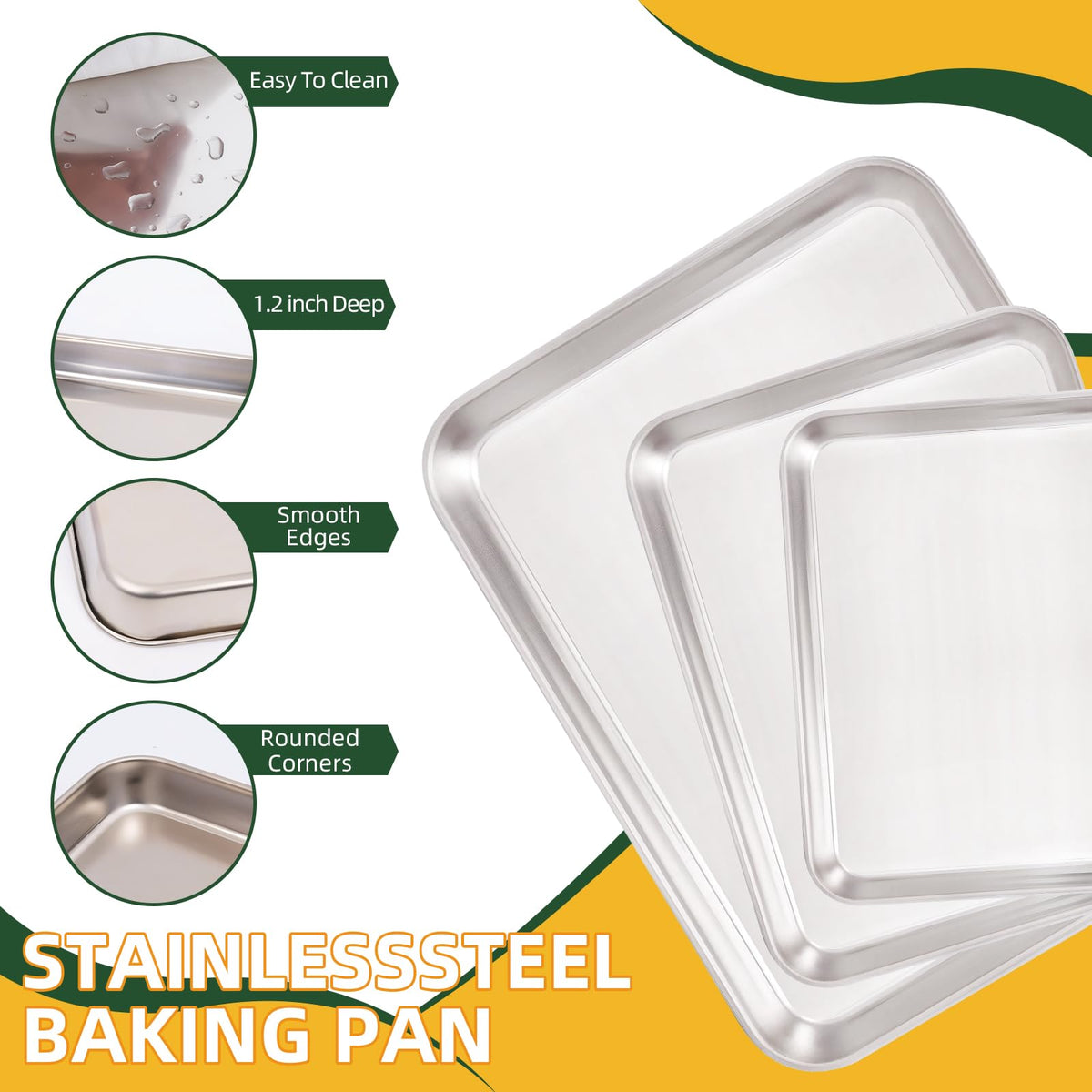 4-Piece Baking Sheet Set with Cooling Rack, Stainless Steel Cookie Sheets & Baking Pans Set, Non-Stick Cookie Trays for Oven Roasting & Food Prep, BPA-Free 10/12/16 Inch