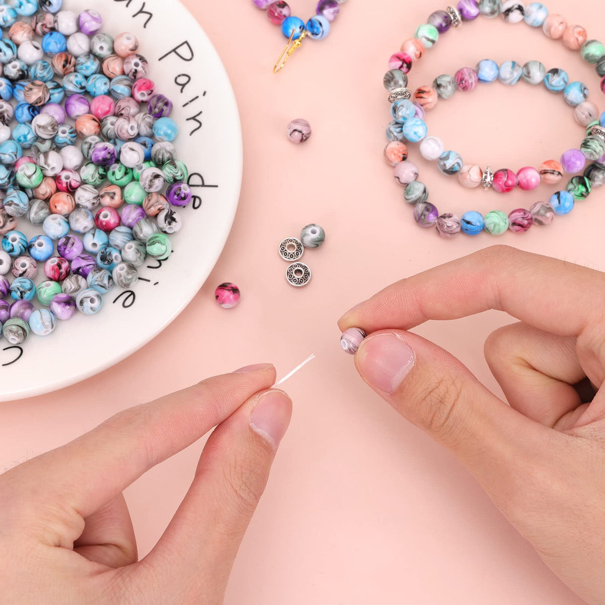 500pcs Craft Beads for Jewelry Making, for Bracelets Making, Space Acrylic Beads in Ink Patterns with 50pcs Spacer Beads and Crystal String (8mm)