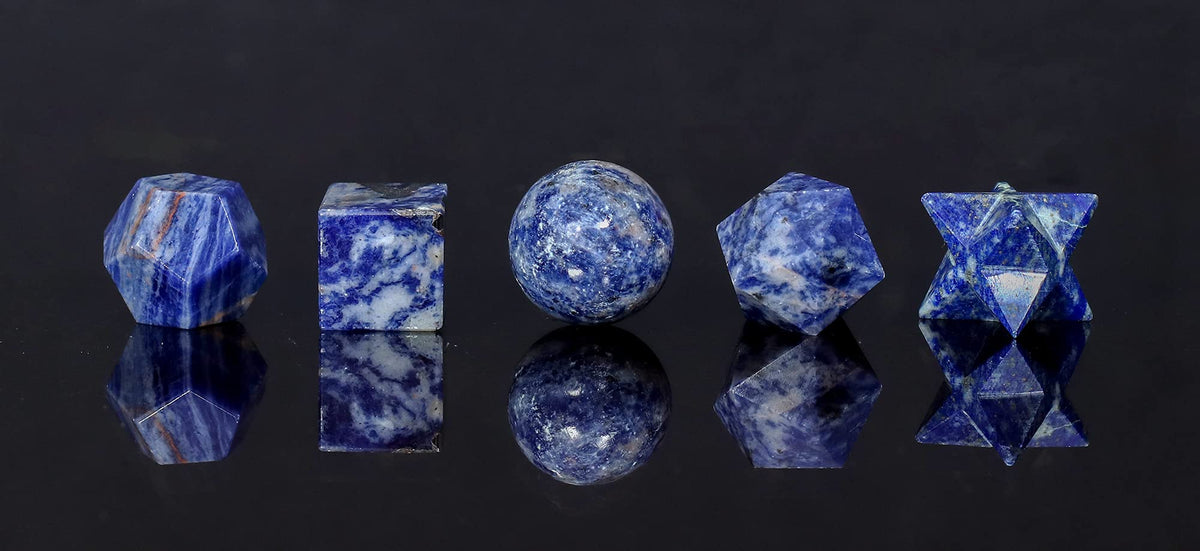 Crocon Sodalite 5Pcs Platonic Solids Crystal Geometry Set, Platonic Solids Sacred Geometric Stones for Meditation Reiki Balancing Healing Chakra Stone Cleansing Spiritual Good Luck (1520 mm)