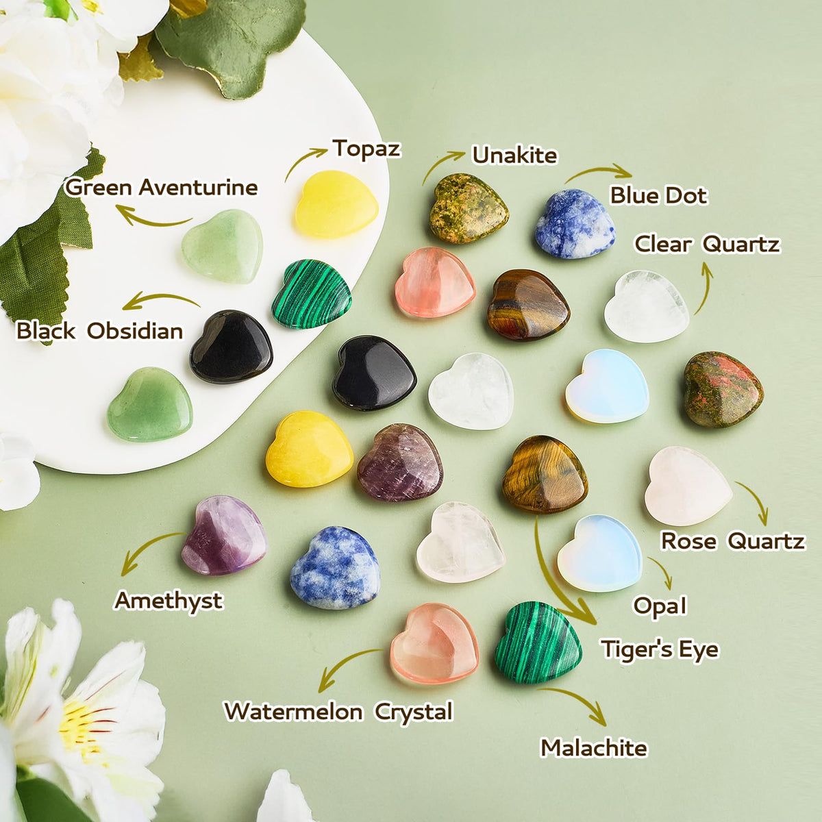 UU UNIHOM 24 Pcs Crystals Heart Healing Stones for Valentines Day Party Gift Crystal Heart Shaped Rocks Gemstones with Greeting Cards for Meditation Balancing Chakra Reiki Spiritual Christmas Gifts