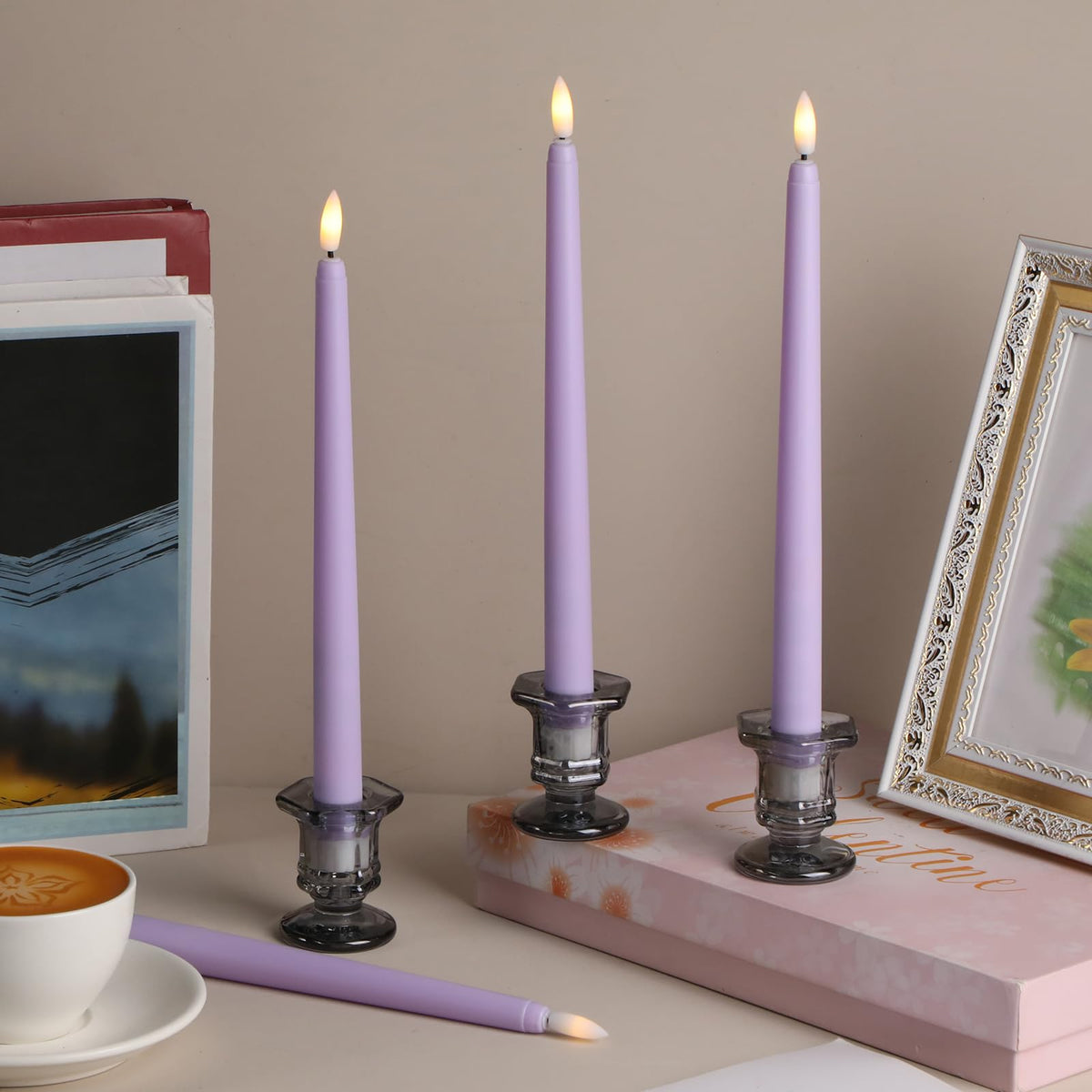 Macarrie 24 Packs Flameless Taper Candles Battery Operated Fake 11 Inch Long Candlelight LED Flameless Candlesticks Flickering Tapered for Spring Summer Wedding(Lavender Purple)