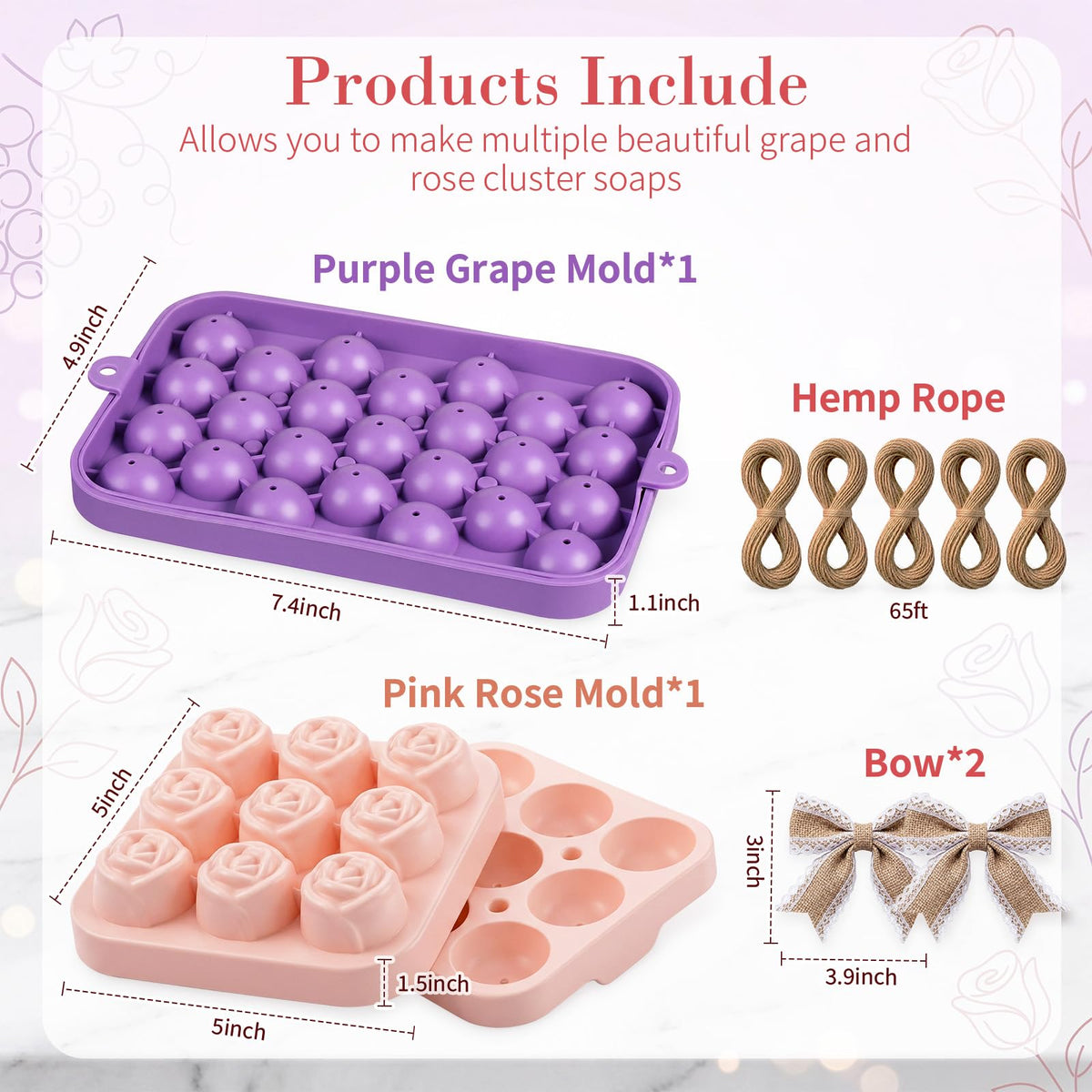 SiliFine DIY Soap Making Kit with Grape & Rose Silicone Molds, 5 Rolls Natural Jute Twine and 2 Burlap Lace Bows, Silicone Mold Set for Soap, Candle, Resin and Clay Crafts, Handmade Gift Supplies