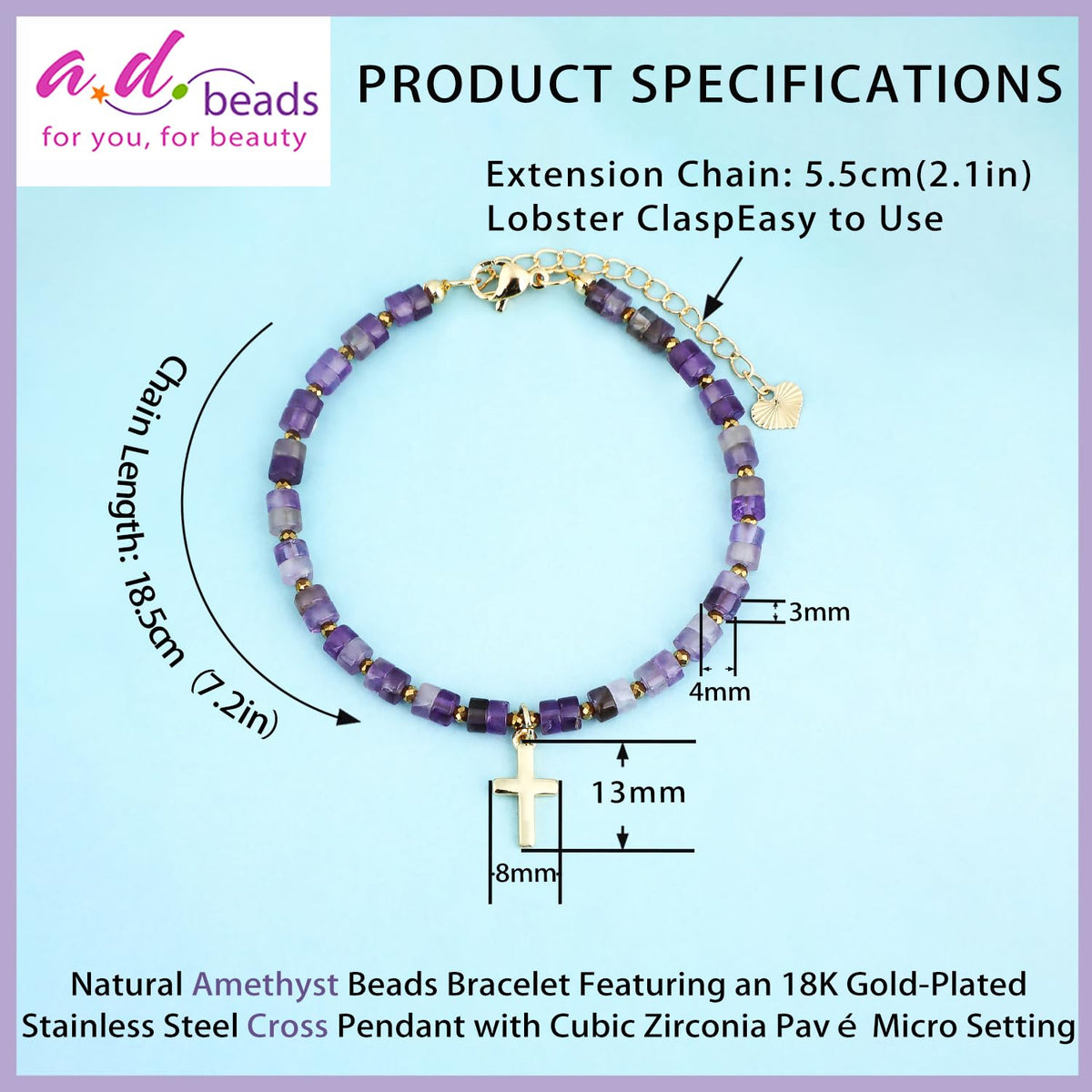 Natural Gemstone Healing Crystal Amethyst Dainty Charms Cross Bracelet Adjustable Chain Extender Minimalist Jewelry