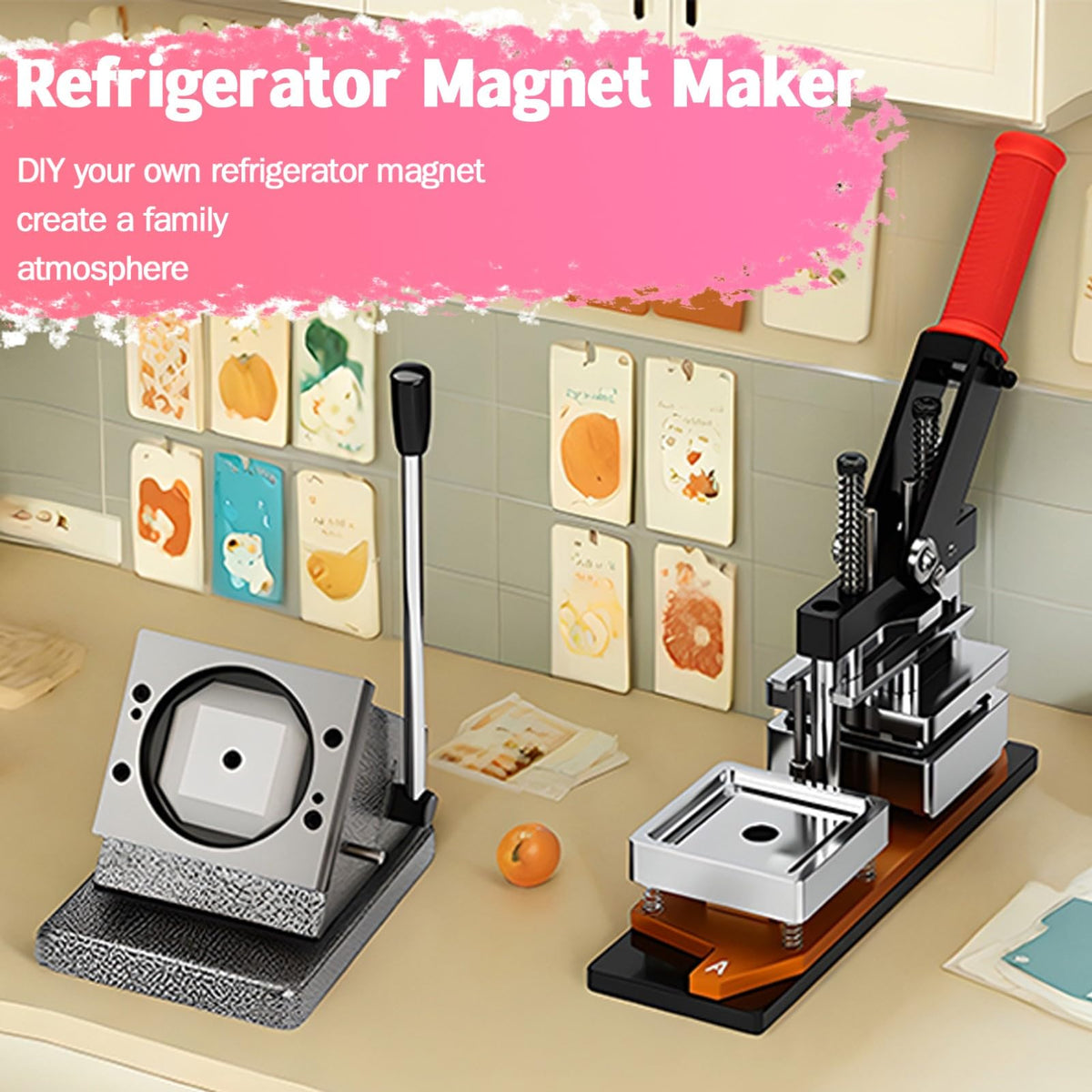 2X2 inch Square Refrigerator Photo Magnet Maker Machine, DIY Custom Badge Maker with Picture Cutter+200 Sets of Supplies +100 Sheets of Photo Paper