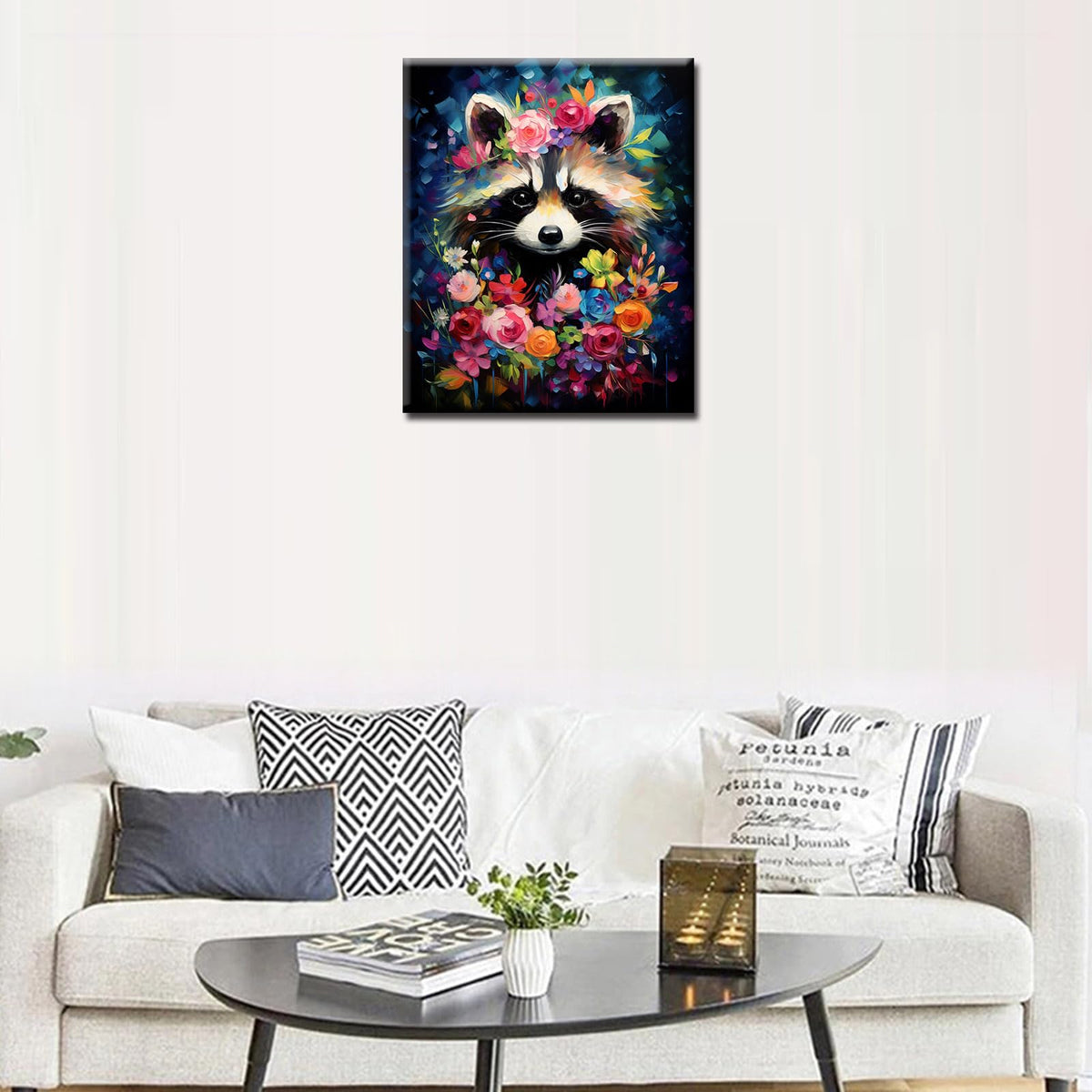 Tucocoo Raccoon Flowers Paint by Number for Adults Beginner, DIY Oil Painting Kits on Canvas with Brushes and Acrylic Pigment, Abstract Floral Cute Animal Picture for Home Decor 16x20inch (Frameless)