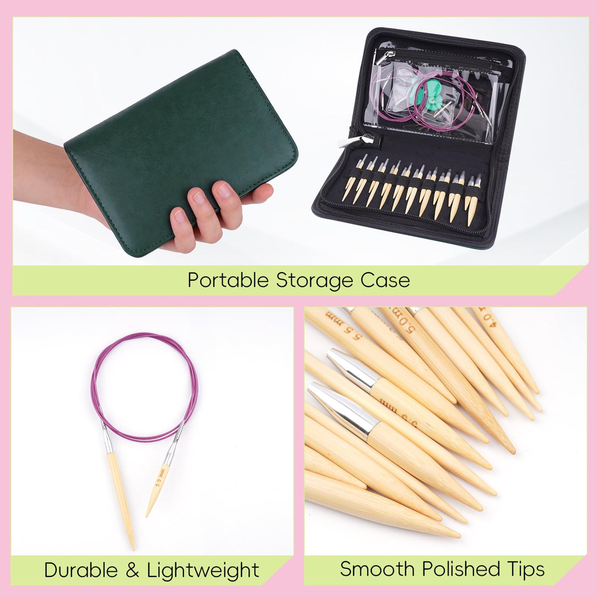 BsHooker Circular Knitting Needles Set with Case,10 Pairs Interchangeable Bamboo Knitting Needles with 5 Flexible Cables 3mm-6.5mm,Short Circular Needles 38Pcs