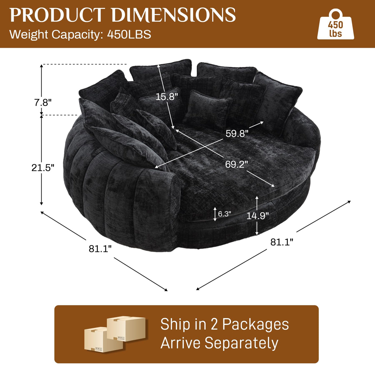 81" Round Sofa Bed Big Bean Bag Round Chaise Lounge Oversized Round Couch Boneless Reading Chair Plush Fluffy Chenille Large Chaise Chair for Living Room, Bedroom, Apartment, Black