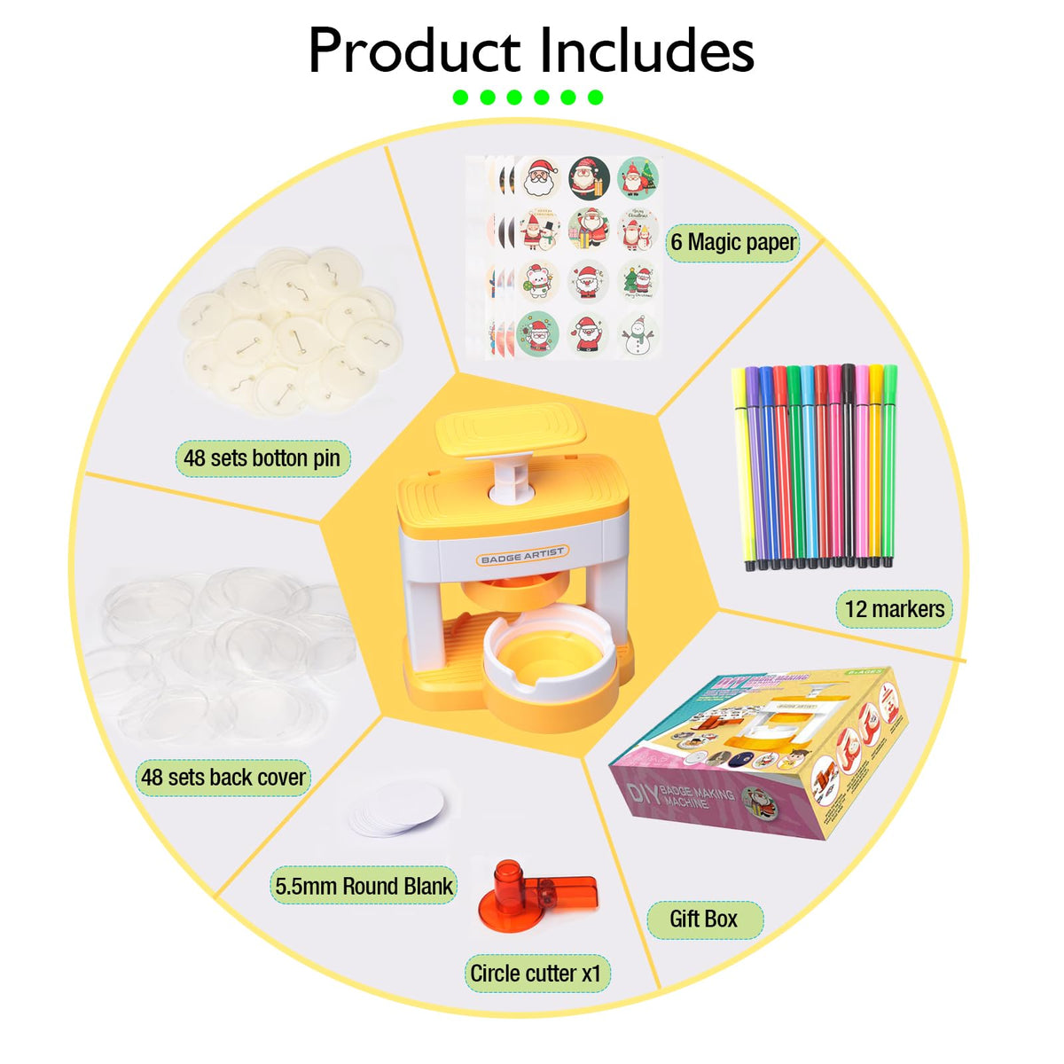Badge Maker for Kids, 55 mm (2.16 inch) DIY Pin Button Maker Press Machine Badge Punch Kit with 48 pcs Button Parts Pictures Circle Cutter Present Installation-Free
