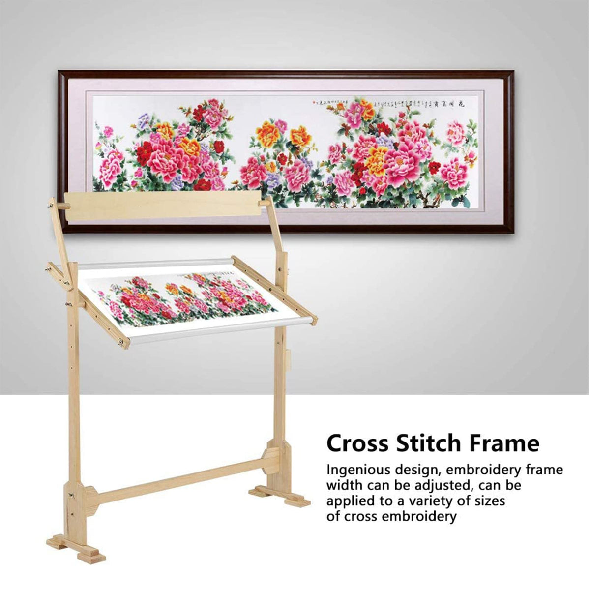 Adjustable Embroidery Stand, Wooden Frame Cross Stitch Floor Stand 360° Rotated Needlework Stand Holder Lap Table Craft Sewing Tool with Scroll Frame