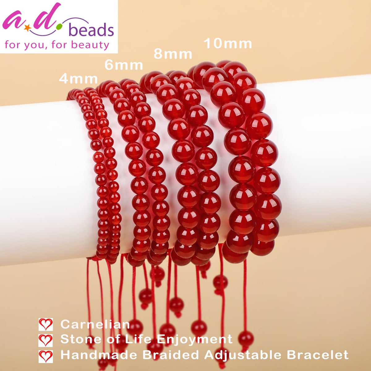 AD Beads 4mm Carnelian Bracelet - Stone of Life Enjoyment - Handmade Natural Stone Crystal Bracelet with Adjustable Macrame String - Yoga Healing Power Energy Gifts for Men and Women