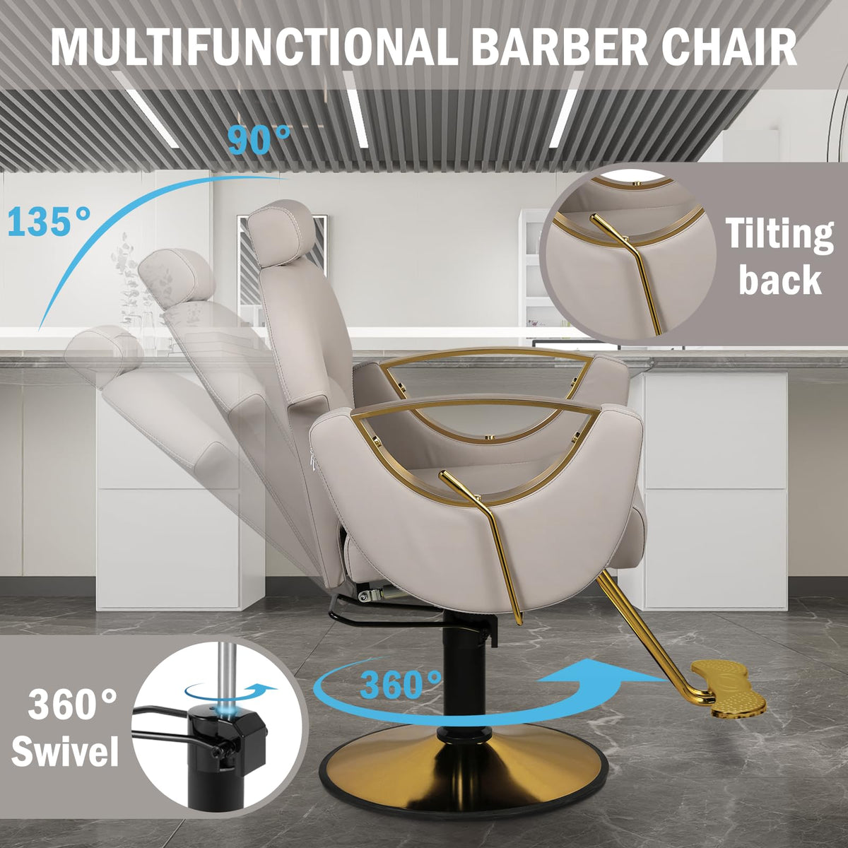 Tythical Salon Chair for Hair Stylist, Reclining Hair Barber Chair with Heavy Duty Hydraulic Pump, Up to 440 Lbs, 360 Degrees Swivel Beauty Spa Equipment for Salon Barbershop, Grey Gold
