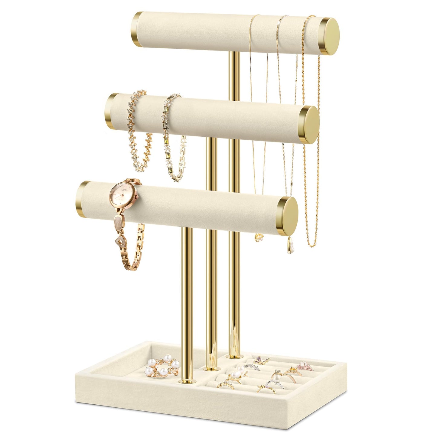 Josmimic Bracelet Holder Jewelry Organizer Display - 3 Tier T Bar Velvet Stand, Beige Jewelry Storage for Bracelet, Necklaces, Watches