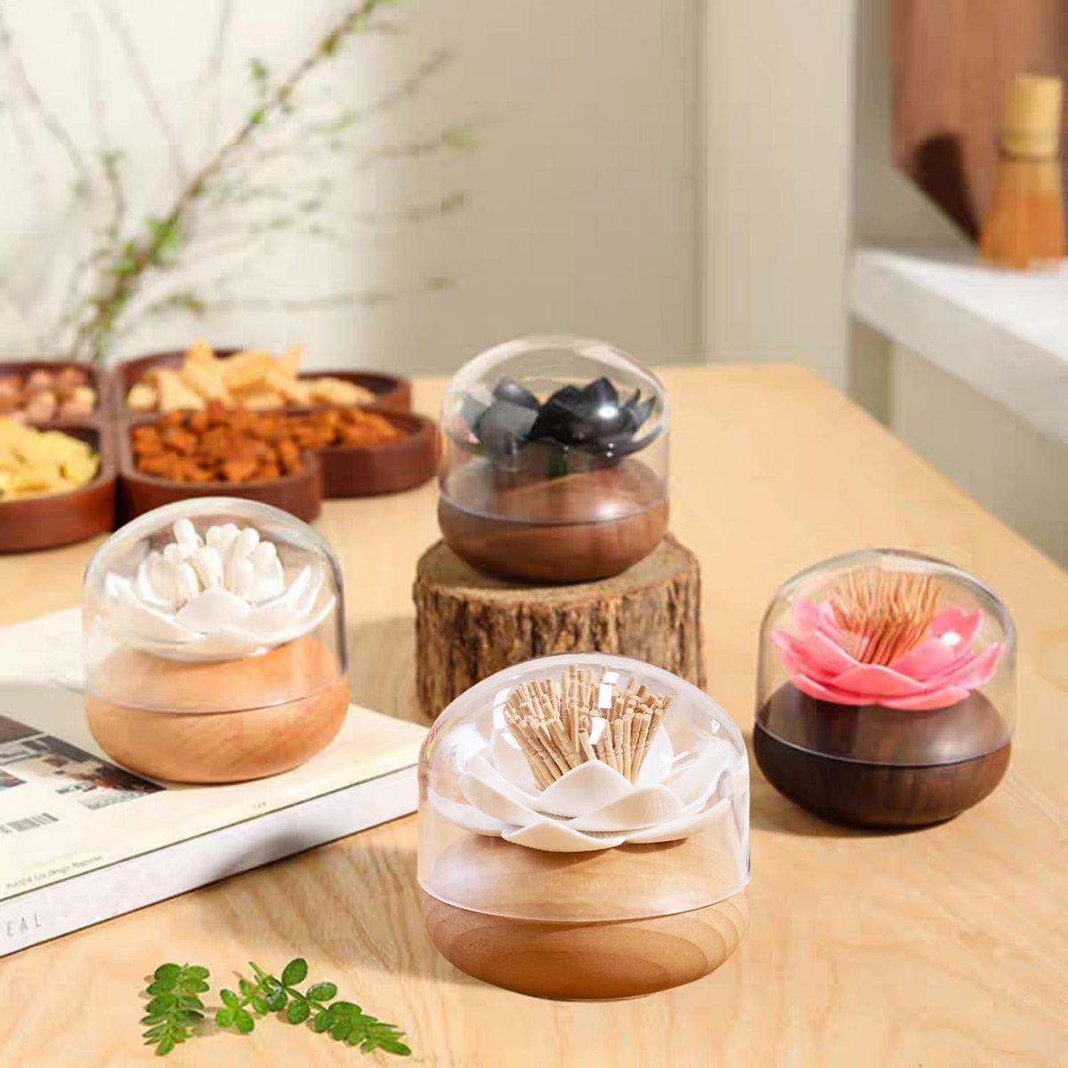 GZJINYUA Toothpick Holder Dispenser Lotus Q tip Holder Wood Toothpick Holder, Tooth Picks Beech Toothpick Holders White Flower Decorative for Kitchen Table Decorations Cute Gifts -with 80 Toothpick