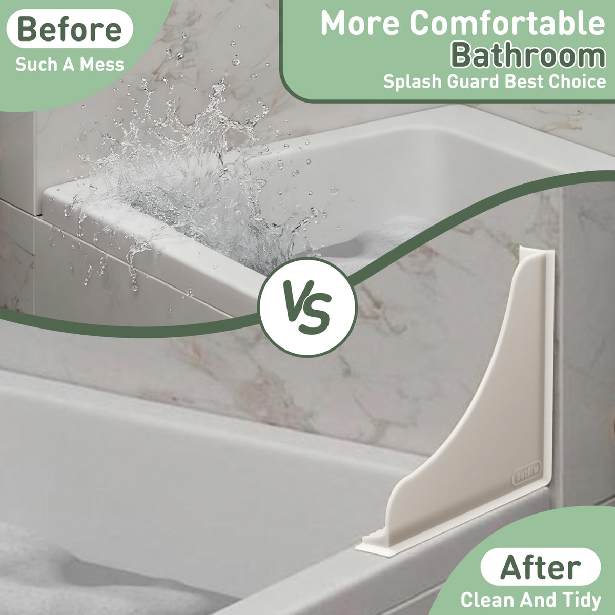 Roslim Shower Corner Splash Guard, 2 Pack No-Adhesive Silicone Bathtub Splash Guards with Suction Cups, Reusable Water Blocker for Tub & Walk-in Shower Corners, Keeps Floor Drier, White