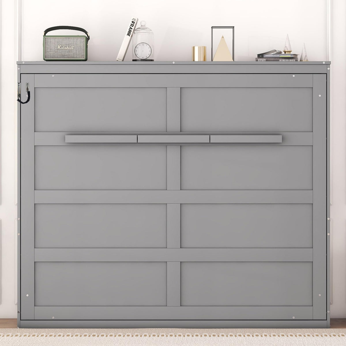Merax Modern Farmhouse Solid Wood Murphy Cabinet Bed, Queen Foldable Wall Bed Frame, No Box Spring Needed/Space Saving, Gray