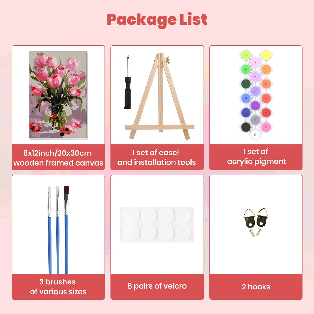 MXJSUA Pink Tulips Framed Paint by Numbers Kit for Adults Beginner with Wooden Easel, Adults' Paint-by-Numbers on Canvas, Easy DIY Acrylic Number Painting for Home Decor Gifts, 8x12 inch