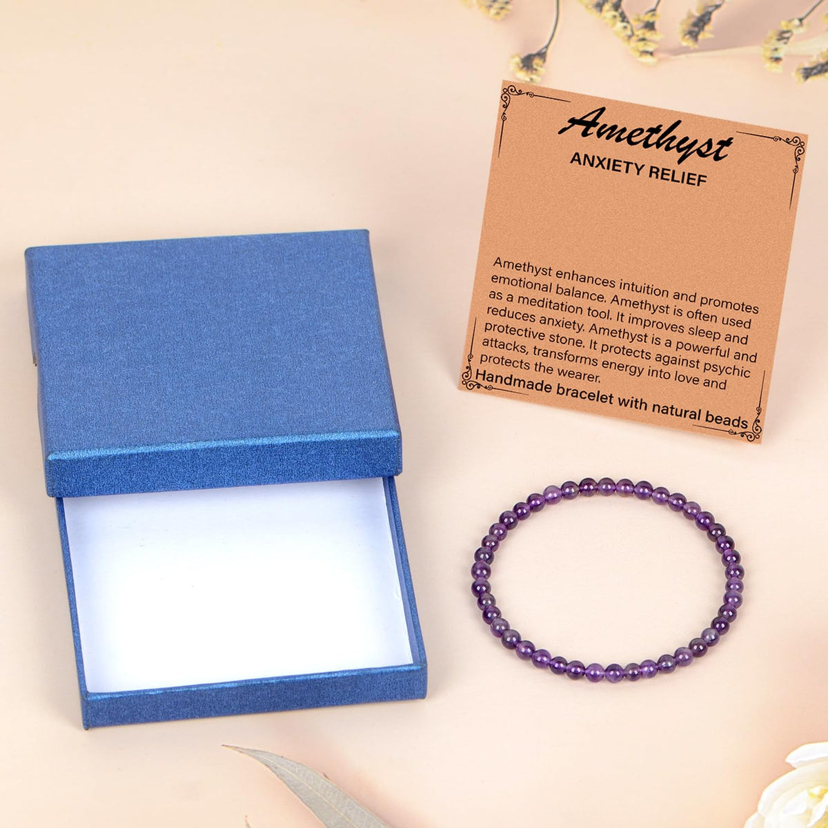 LPBeads Handmade Natural Gemstone Stretch Elastic 4m Amethyst Bracelet Healing Crystal Round Stone Beads Jewelry Gifts for Women Men