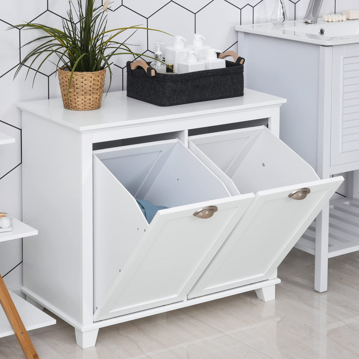 Tilt Out Laundry Sorter Bathroom Cabinet, White