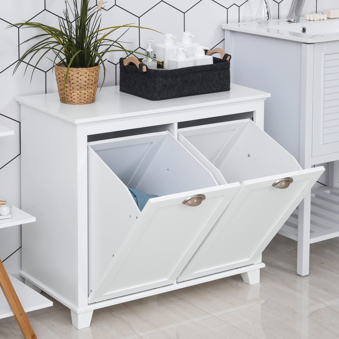 Tilt Out Laundry Sorter Bathroom Cabinet, White