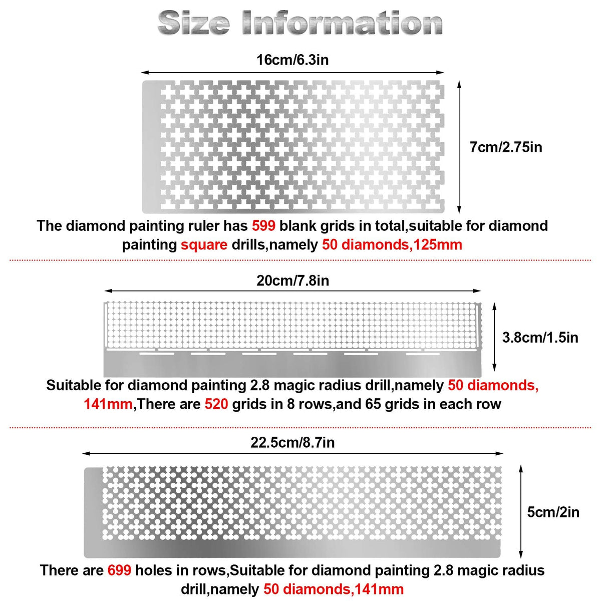 WILLBOND 3 Pieces Diamond Painting Ruler Stainless Steel Mesh Ruler 520 599 699 Blank Grids with 2 Pieces Fix Tool for 5d DIY Diamond Painting Supplies Art Crafts