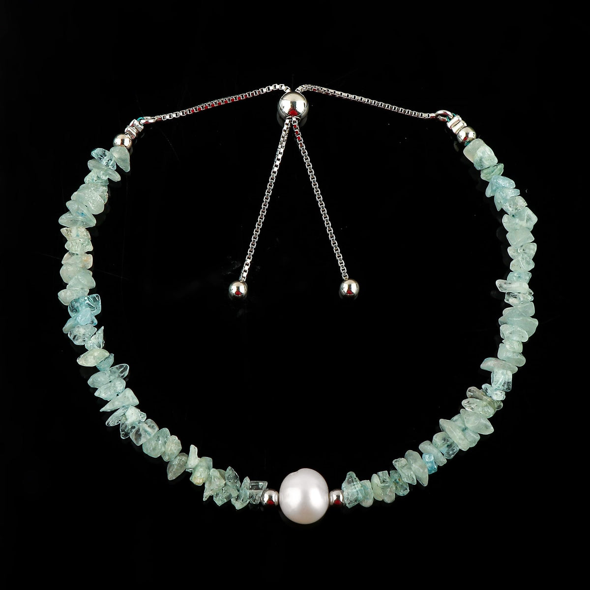 CRYSTALIS Natural Aquamarine Beads Slider Bolo Bracelet with Elegant Pearl, Uncut Chips Nuggets Crystals, Chakra Healing Gemstone, Women Jewelry, 925 Sterling Silver Slider 10 inch