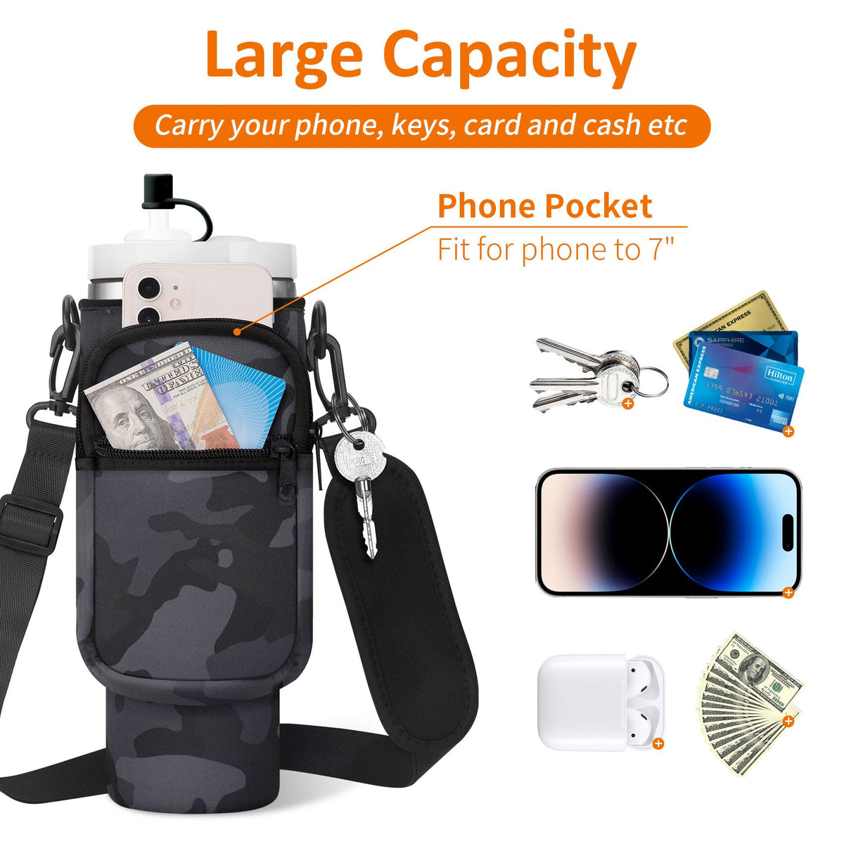 AceTreker 30 40 oz Water Bottle Holder for Stanley Tumbler with Handle, Neoprene Vacuum Travel Coffee Mug Carrier Pouch with Paracord Handle, 2 Pockets, Straw Cover for Car Gym Work-Black Camo